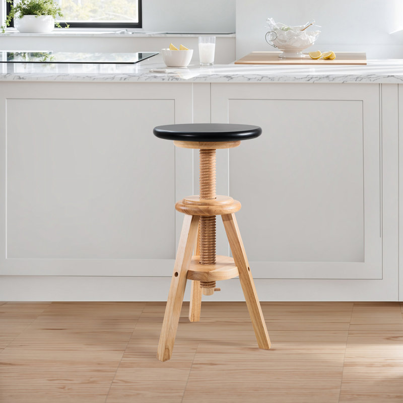 Hiltrun 18.9"-25.2"H Solid Hardwood Swivel Adjustable Height Counter Stool, Natural Base with Black Top, Black