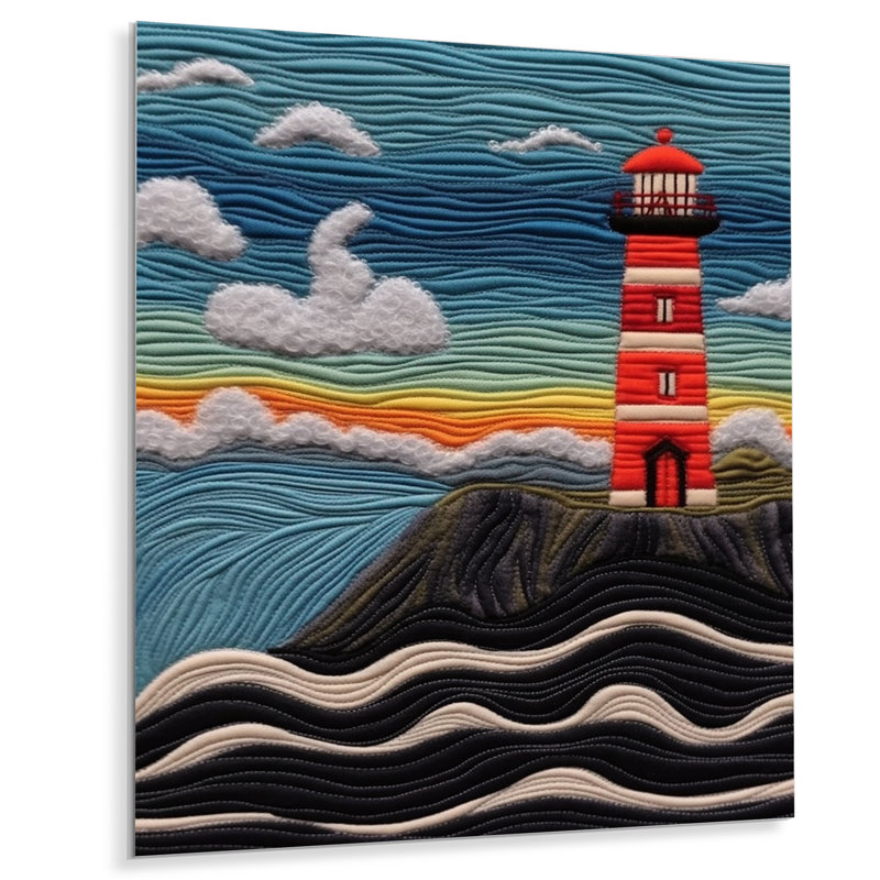 Phare rouge sur le rocher, bleu ciel, broderie - impression d'art mural phares, Métal métal, H 20 po x l 12 po x P 1 po