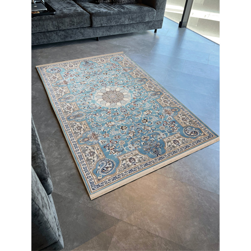 Tapis décoratif rétro à motif floral bleu et gris, Rectangle 3 pi 9,81 po x 4 pi 11,06 po