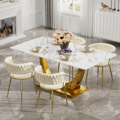Rectangular Pedestal Dining Set with Modern Weaven Velvet Dininig Chair