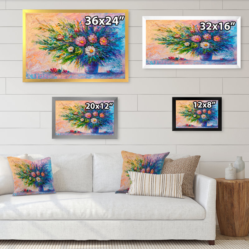 Bouquet moderne de fleurs de marguerite - œuvre d'art traditionnelle sur toile, Impression argent sur toile encadrée