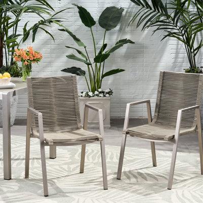 2 chaises de salle à manger en aluminium avec siège en corde taupe pour l'extérieur, 2 sièges décoratifs de couleur argent et cadre moderne