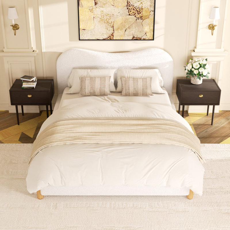 Brechtel Platform Bed Frame with Fabric Upholstered Headboard and Wooden Slats Support,No Box Spring Needed , White, Queen