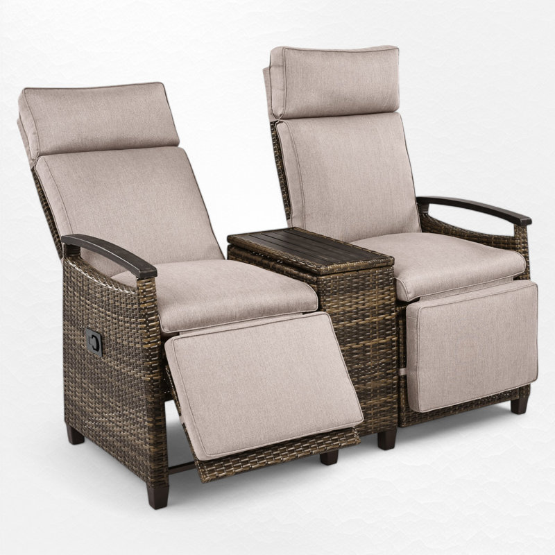 Outdoor Wicker Reclining Loveseat With Storage Table, Beige Cushion/Brown Frame