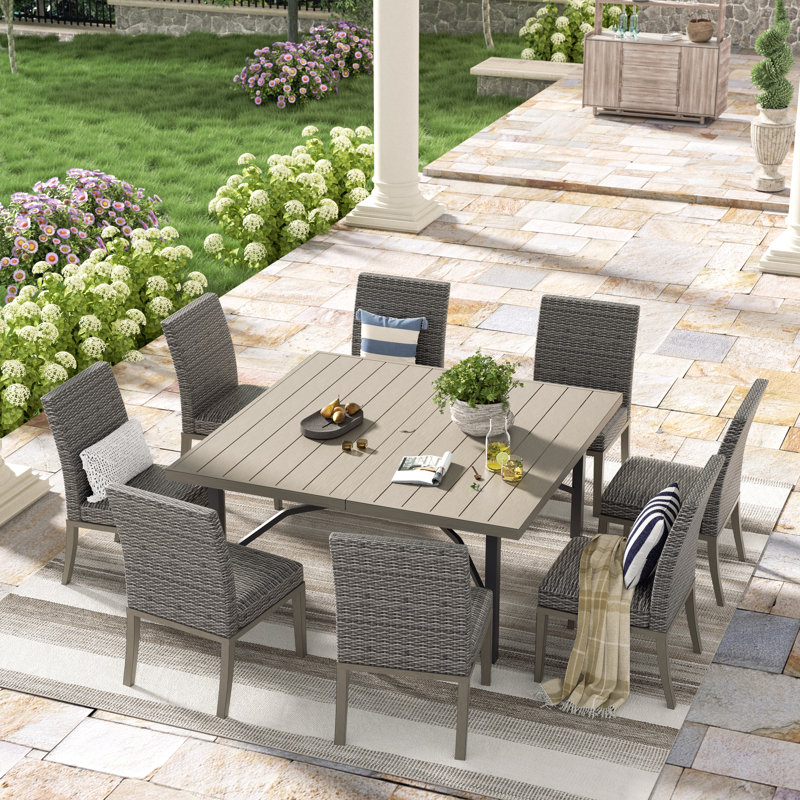 Allure Patio 8-person Metal Square Dining Set With Umbrella Hole And Wicker Dining Chairs