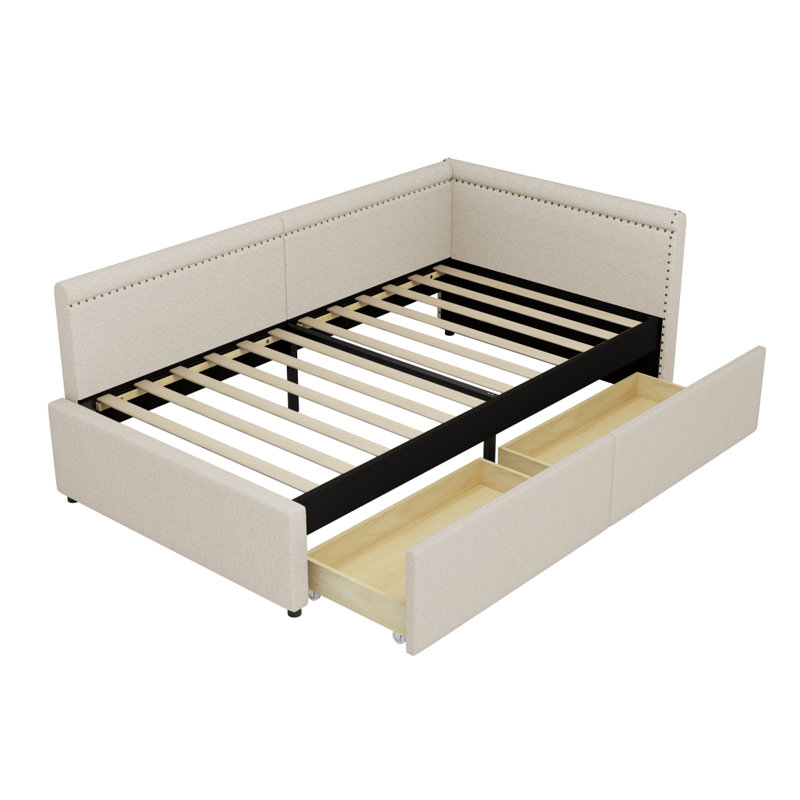 Lit de coin en L de style moderne avec lit simple en lin et deux tiroirs de rangement, beige, Beige