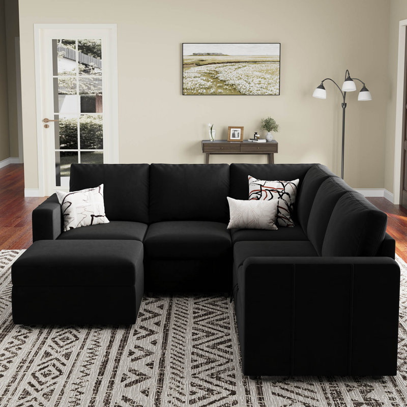 Rafael Velvet Chenille U-Shaped Modular Sleeper Sectional with Storage Ottoman, Black Velvet
