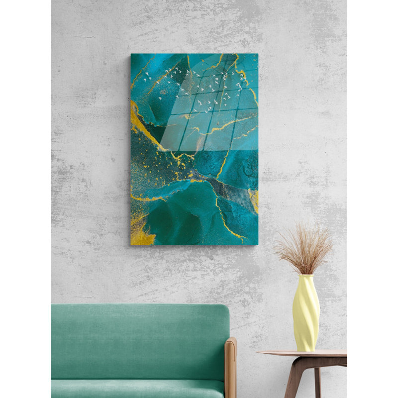 Décoration murale en verre trempé, impression de style marbré unique sur verre et doré, H 17,5 po x l 11,5 po