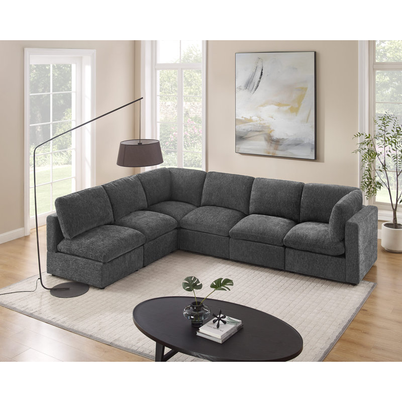 Canapé modulaire symétrique rembourré en L 6 pièces 6 pièces, Polyester gris