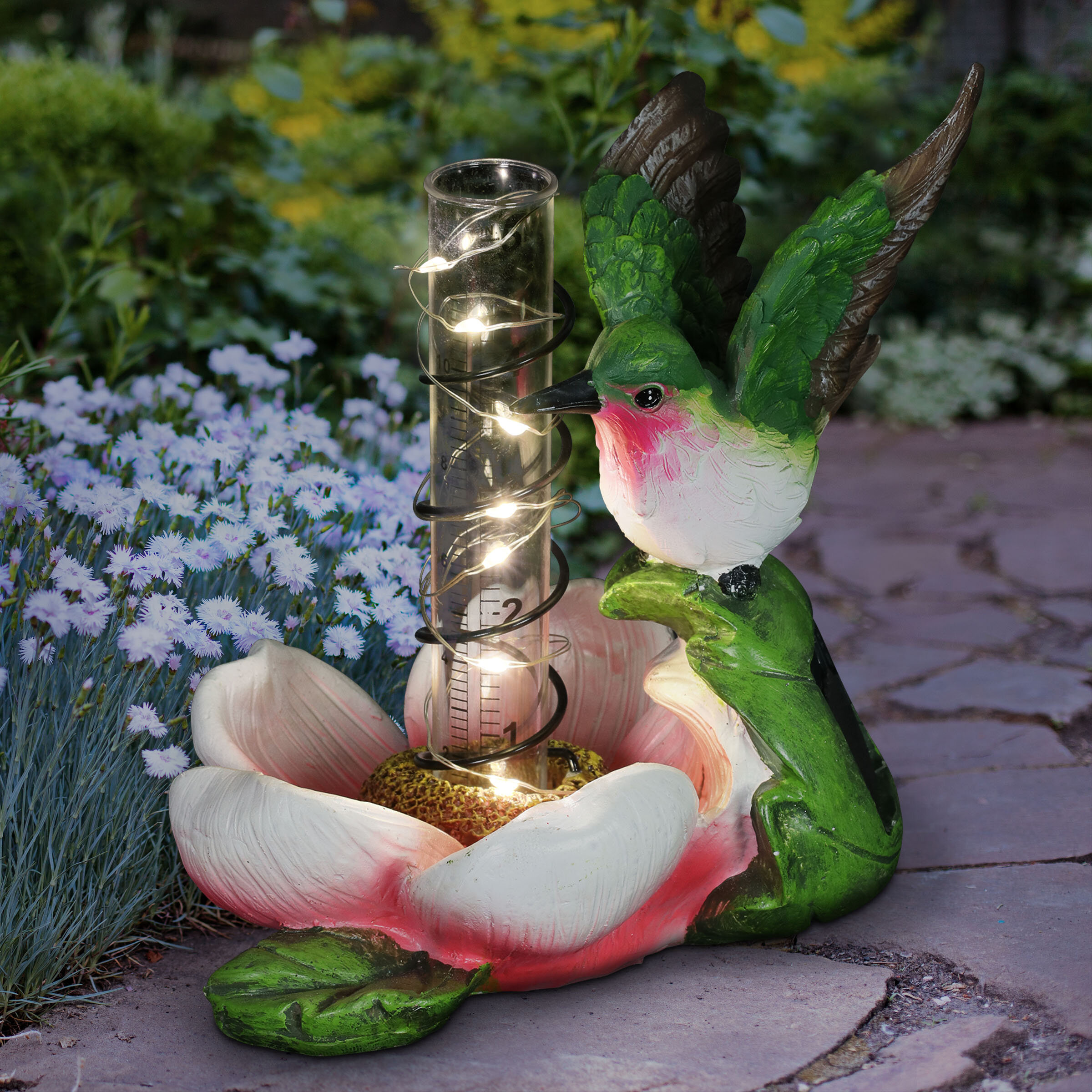 Exhart Solar Rain Gauge on Flower with Hummingbird Garden Statuary