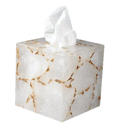 Mike + Ally Gemstone White Quartz & Gold Foil Tissue Box Cover – Square Natural Gemstone Boutique Tissue Holder