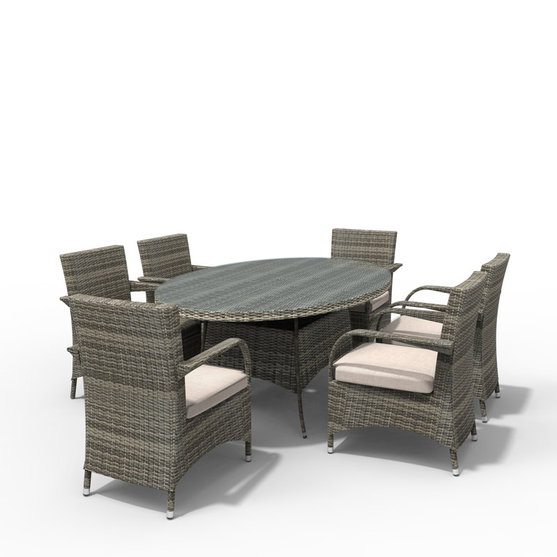 6 - Person Wicker Patio Dining Set with Oval Table , Cushions Included, Gray