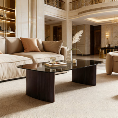 Modern Glass Coffee Table, Living Room Coffee Table, Tempered Glass Top With Sturdy Wooden Base, Suitable For Small Spaces, Apartments, And Offices. Simple Design (Walnut Color).