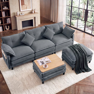 Canapé modulaire confortable de 108 po de largeur, canapé 5 pièces en nuage de velours côtelé en forme de U avec repose-pieds, assemblage sans outil