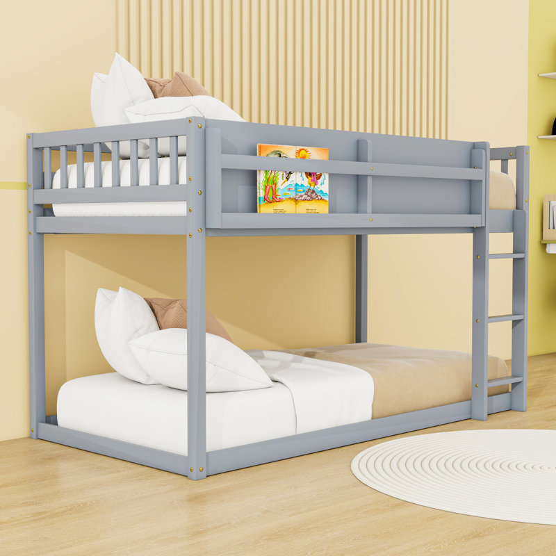 Wood Floor Bunk Bed With Ladder, Gray