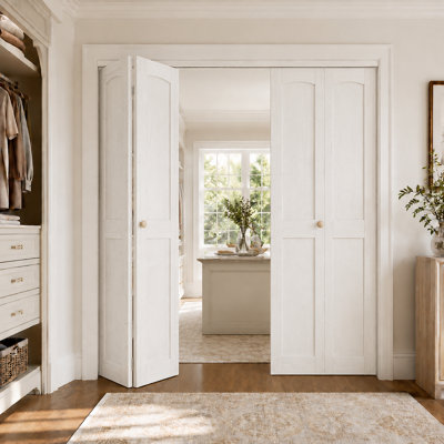 60" x 80" White 2 Panels Arch Top Solid Core Double Bi-Fold Door With Installation Hardware Kit