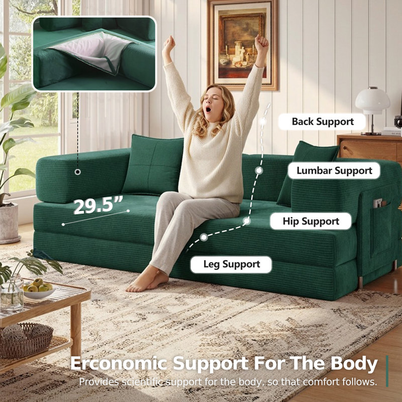 78.8''Sleeper Couch Bed for Livingroom,Convertible Modular Sofa with Armrest Pillow,Modular Foldable Corduroy Couches in a Box,No Assembly