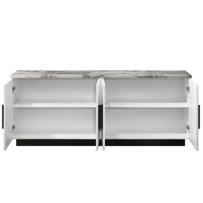 63" White Faux Marble Cabinet Console Table , 4 Doors, Adjustable Shelf, Black Base, As Constituent Of With Marble-Like Surface, Composition