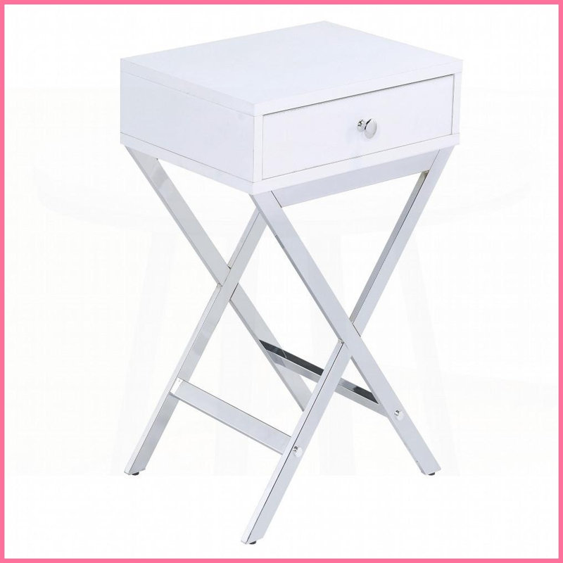 Blanc et blanc Table basse chromée avec 1 tiroir, base X moderne pour petits espaces, Argent argent, Blanc