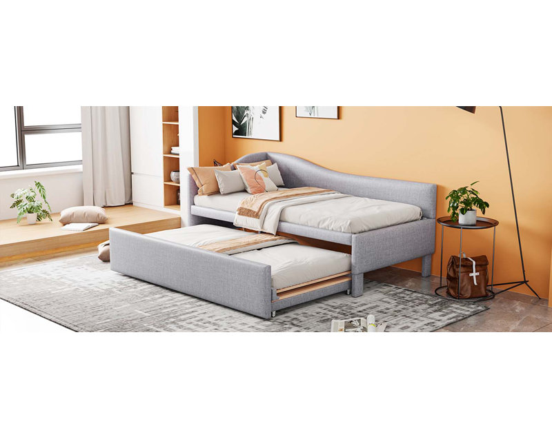 Lit de jour simple tapissier en L rembourré avec couchette escamotable, gris, Gris