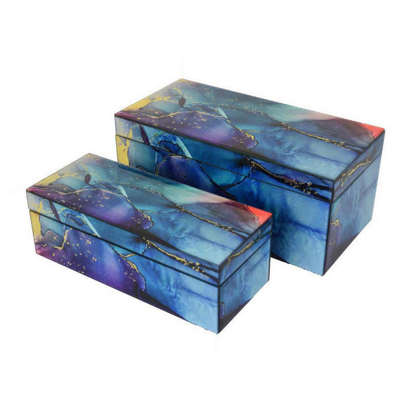 Ensemble de 2 boîtes décoratives en faux marbre Dory, Bleu / vert émeraude