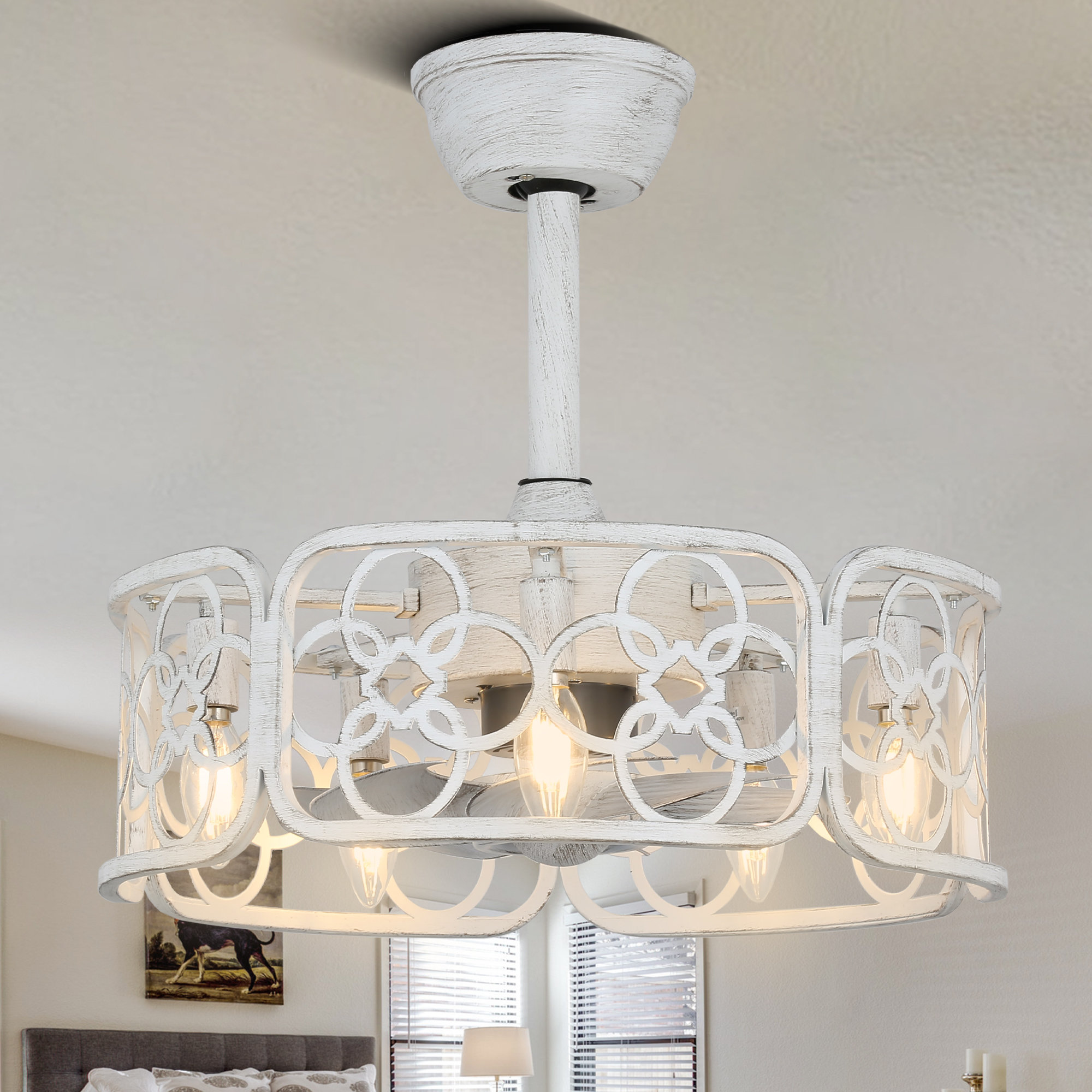 Ophelia & Co. 20" Distressed White Ceiling Fan, Metal Caged Fan Light w