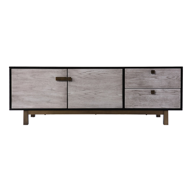 Console média moderne, rangement gris pour téléviseurs de 60 à 69 pouces, portes doubles, 2 tiroirs, console d'apparence à pattes en bronze antique, base Suits