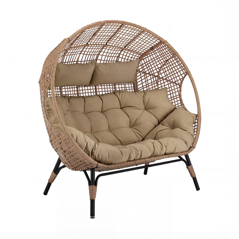 Fauteuil d'œuf d'extérieur surdimensionné en osier pour 2 personnes avec housse imperméable, causeuse double avec coussins