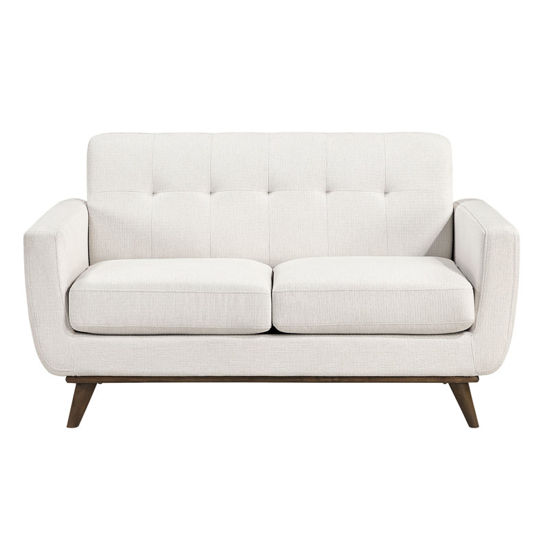 Causeuse beige contemporaine, coussin et dossier rembourrés confortables, pieds en bois massif, structure en contreplaqué, rembourrage en mousse sur les ressorts ensachés, tissu texturé, coussins de siège réversibles attachés,