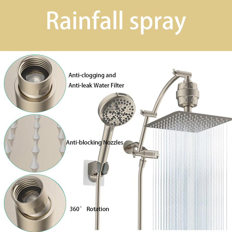 12'' Filtered Rainfall Shower Head Combo, Handheld Shower Head, 16'' Adjustable Extension Arm, 20 Stage Shower Filter, 10-Spray, 71'' Shower Hose