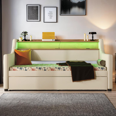 PU Leather Upholstered Twin Daybed with Trundle and LED