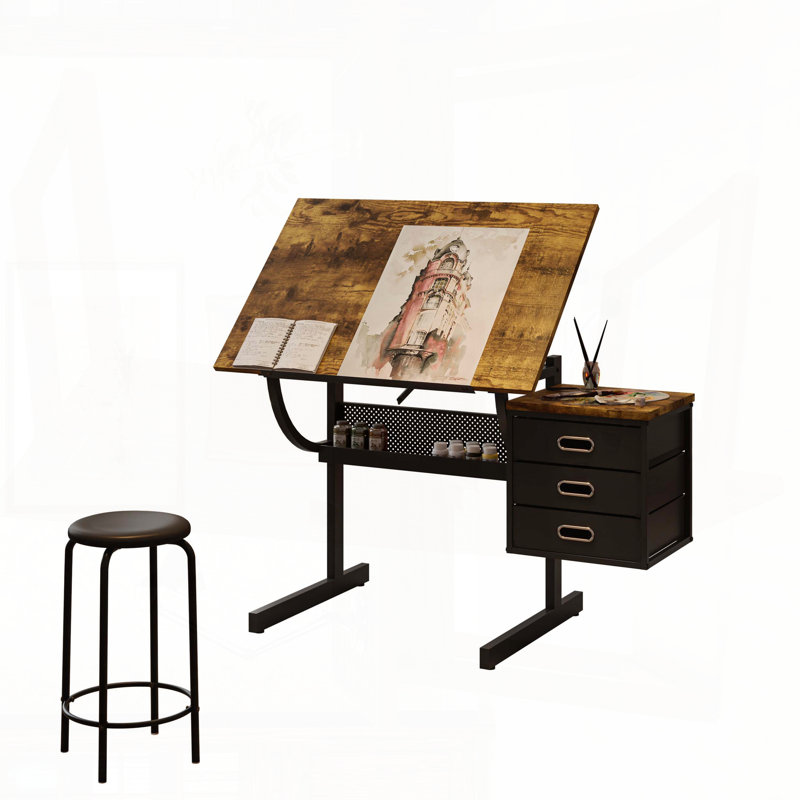 Table à dessin réglable avec tabouret et 3 tiroirs - Angle 0-75 °, structure en acier