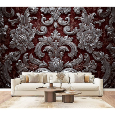 Vintage Damask Peel and Stick Wallpaper Lavish Deep Red Damask Motif Intricate Silver Filigree Wall Murals 69"H x 96"W Removable PVC Wall Paper Self-Adhesive Wall Decor for Bedroom Living Room Home Office
