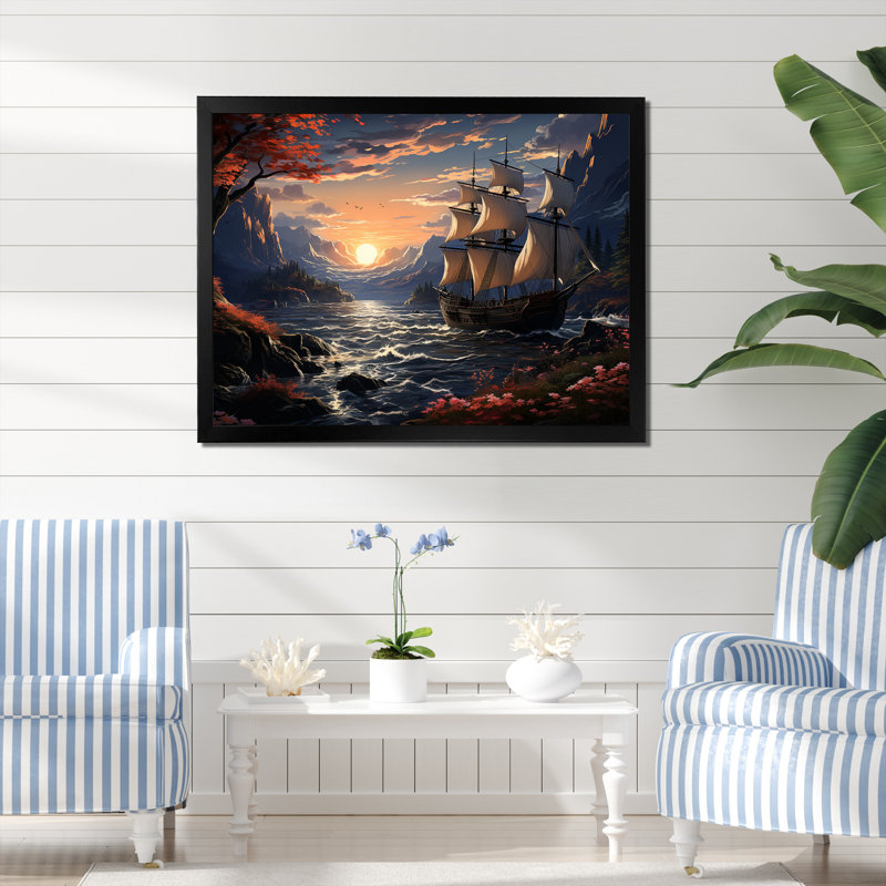 Bateau pirate au milieu de Legacy III - art mural pirate, Cadre d'angle fermé noir, H 34 po x l 44 po x P 1,5 po