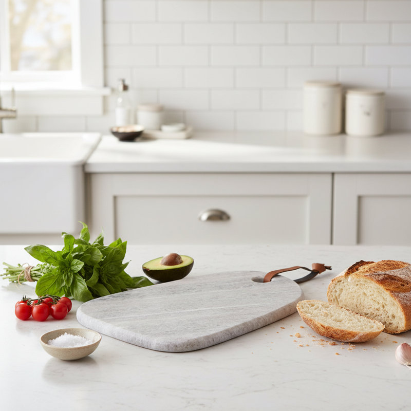 Natural Marble Serving Board With Leather Strap, Grey