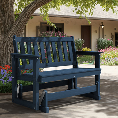 HDPE Navy Outdoor Bench 2-Person Glider Plastic Rocking Chair For Swings Outside Loveseat, Patio Glider For Garden Porch