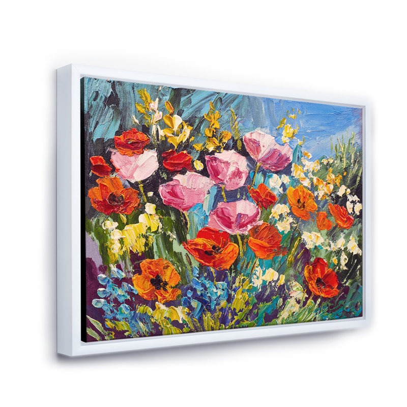 Fleurs printanières colorées - peinture sur toile, H 24 po x l 32 po x P 1 po, Cadre flottant blanc