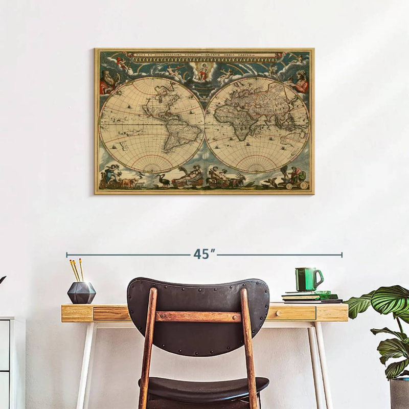 Carte du monde Aliaz des années 1600, H 24 po x l 36 po