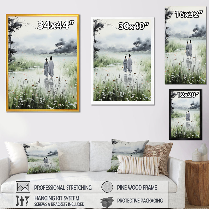 Paysage de sérénité au Japon, art mural Japon, H 20 po x l 12 po x P 1 po, Cadre simple noir