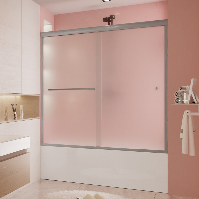 Porte de baignoire coulissante double avec cadre en verre givré de 55 po à l 56 po H 56 po, Nickel brossé