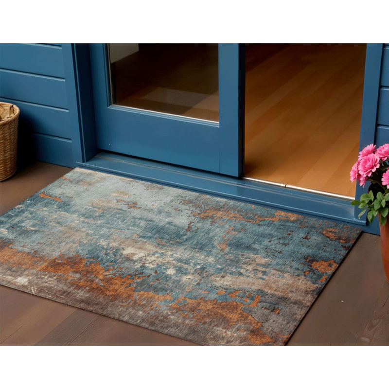 3' X 5' Teal Blue And Copper Abstract Washable Indoor Outdoor Area Rug