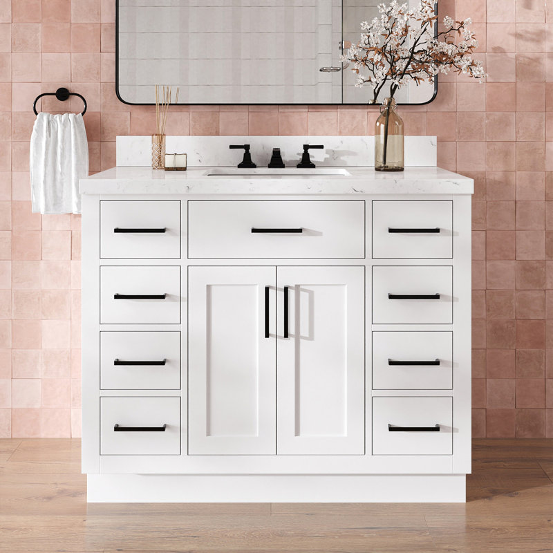 Meuble-lavabo simple en bois massif 42 po avec plateau en quartz Carrara de 1,5 po Thornaby, Blanc / noir mat
