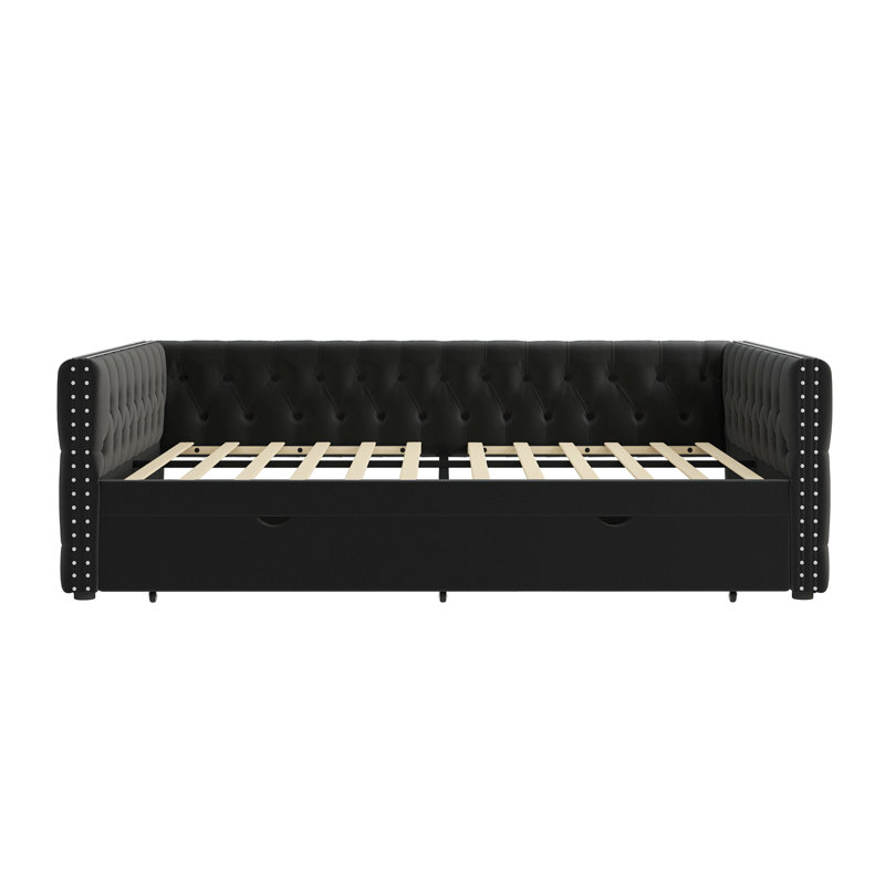 Eylin Daybed With Trundle Velvet Upholstered Tufted Sofa Bed, With Button And Copper Nail On Square Arms, Black