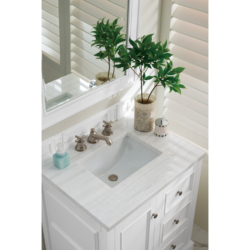 De Soto 31.3'' W Single Vanity, Bright White, Ethereal Noctis Quartz, 8" Widespread