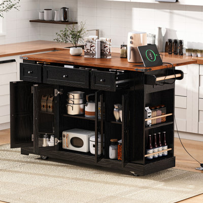 53'' Farmhouse Kitchen Island With Two Tempered Glass Cabinet Doors