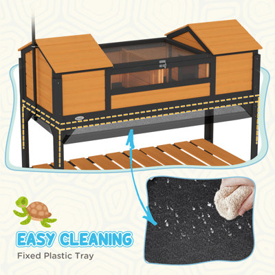 Tortoise Habitat with Adjustable Lamp Holder, Wooden Tortoise Enclosure with Storage Shelf, Dual Main Houses, Fixed Tray, Openable Lid, Yellow