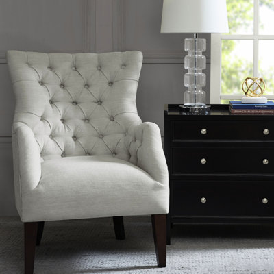 Fauteuil à boutons avec base en bois massif et pieds en bouleau de couleur, pieds avec structure, rembourrage en mousse haute densité, revêtement, repose-pieds confortable
