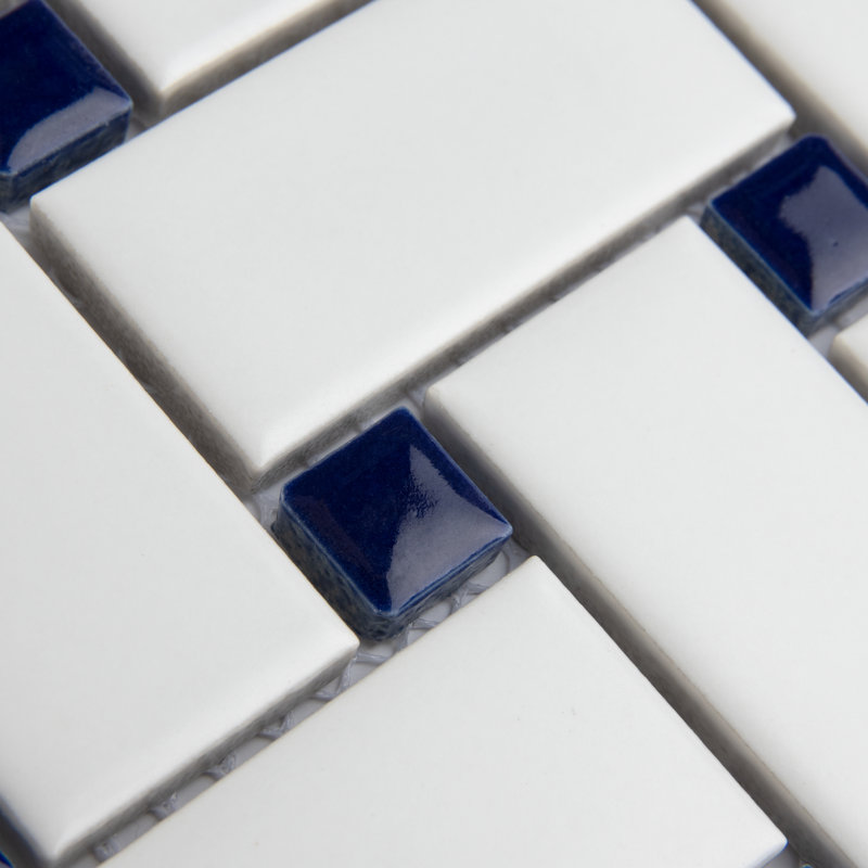 Metro Basketweave 11-3/4 " x 11-3/4 " Porcelain Mosaic Floor and Wall Tile, White/Cobalt Blue