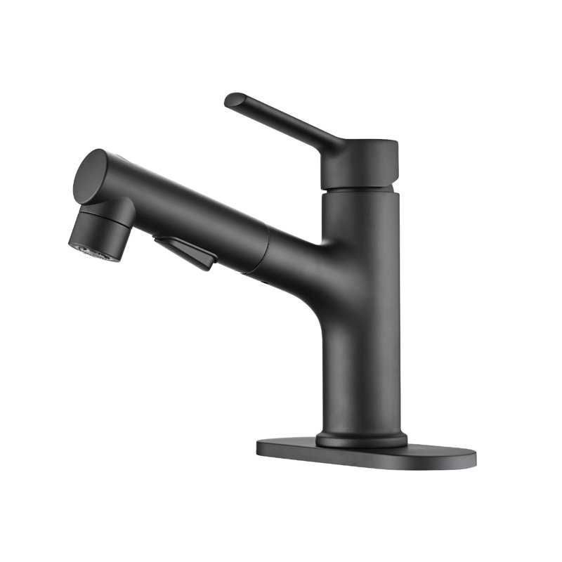Single Handle Matte Black Bathroom Faucet With Pull-Out Spray Function And Overflow Drain, Trendsetting Style Basin Deck Plate, Black, Sleek Look