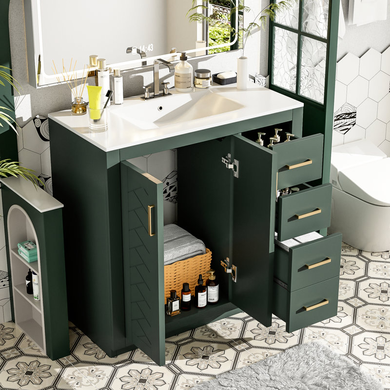 36 po, meuble-lavabo de salle de bain, lavabo en céramique, fabrication de haute qualité, tiroirs à ouverture en douceur, rangement polyvalent, structure en bois massif à motif de rainures unique, espace de tiroir généreux, fermeture en douceur, exquis